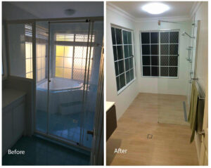 a before and after image of a bathroom renovation
