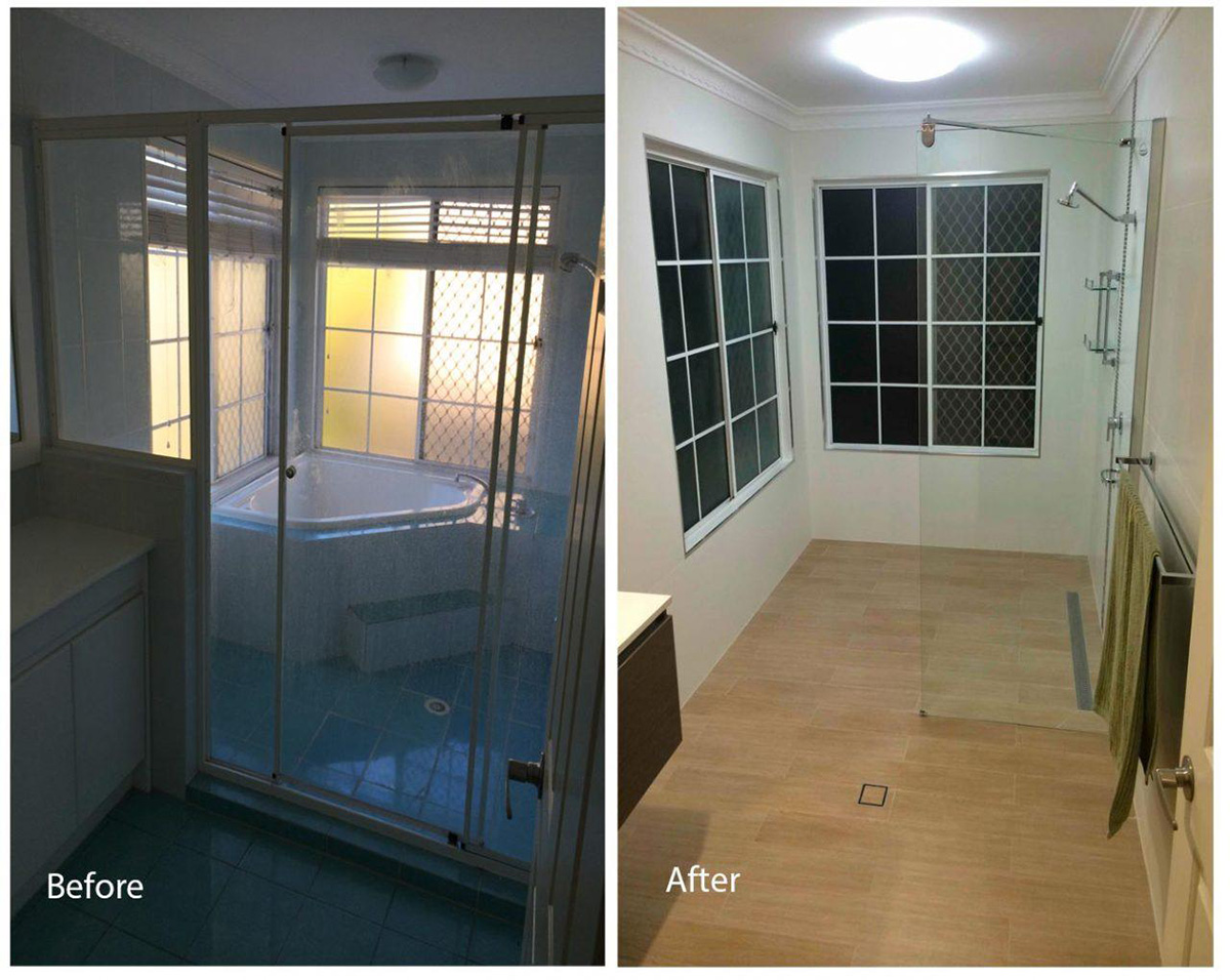 a before and after image of a bathroom renovation